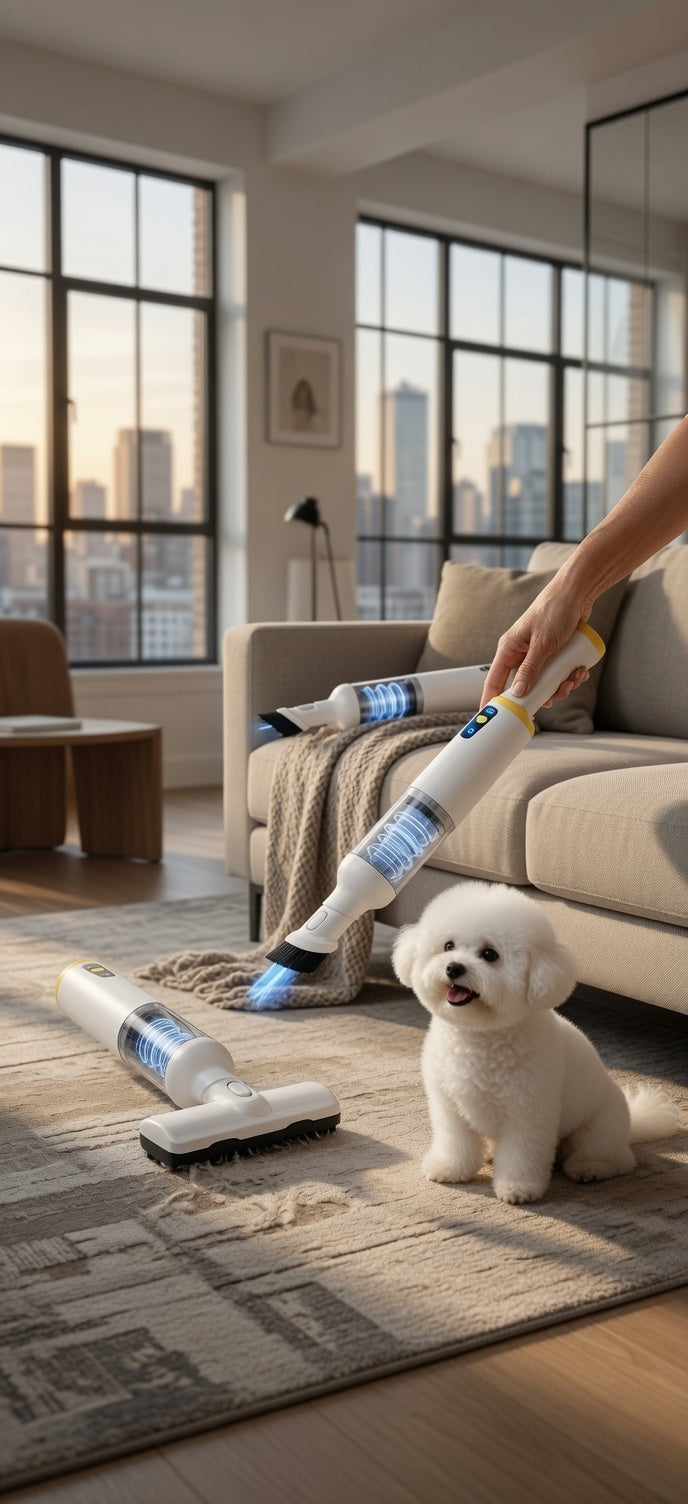 Brosse aspirante sans fil — toilettage & aspiration 2-en-1