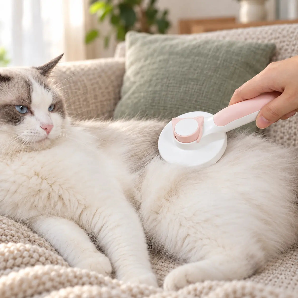Brosse autonettoyante utilisée sur un chat à poils longs