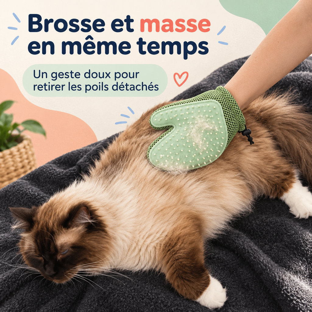 Gant de toilettage — face picots pour retirer les poils morts