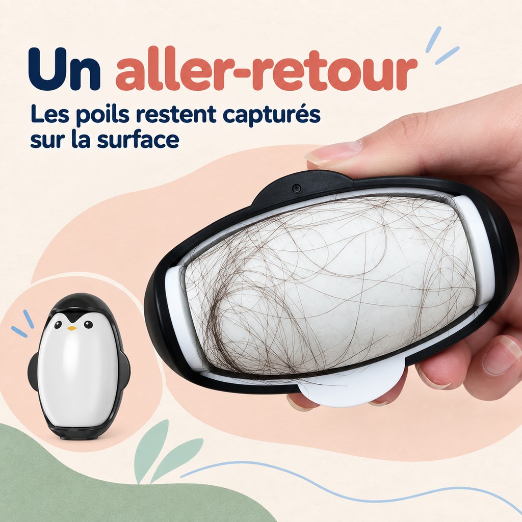 Rouleau anti-poils Pingouin réutilisable pour vêtements