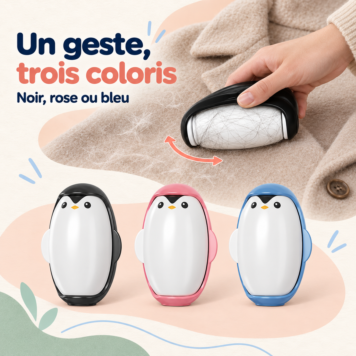Rouleau anti-poils design pingouin — compact